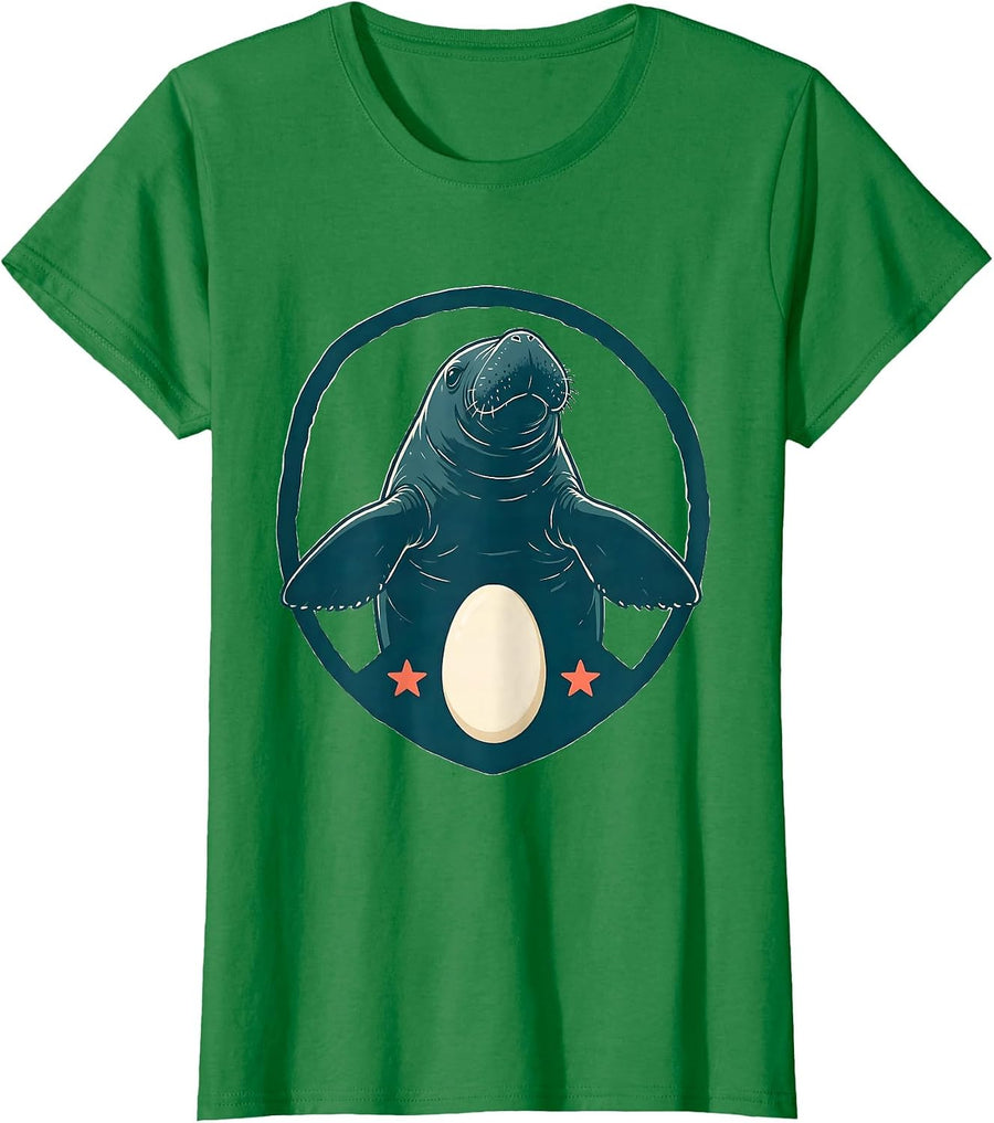 Women's Shield Manatee Potato Badge Funny Sea Cow Lover T-Shirt - Kelly Green