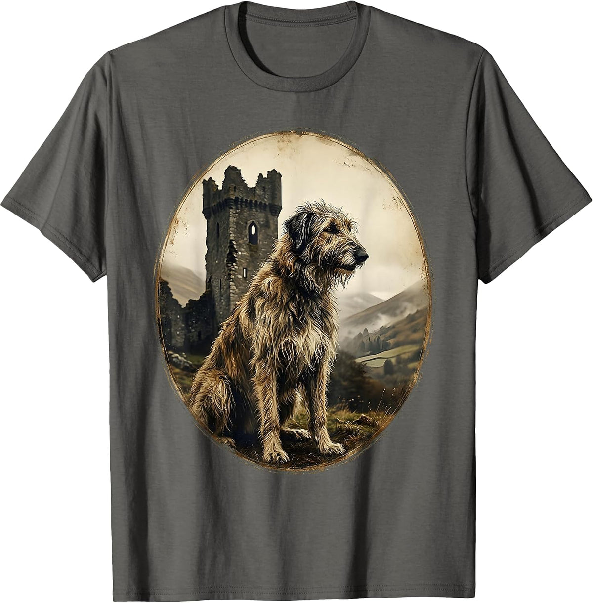 Irish Wolfhound Ruined Castle Ireland Graphic T-Shirt - Asphalt Grey