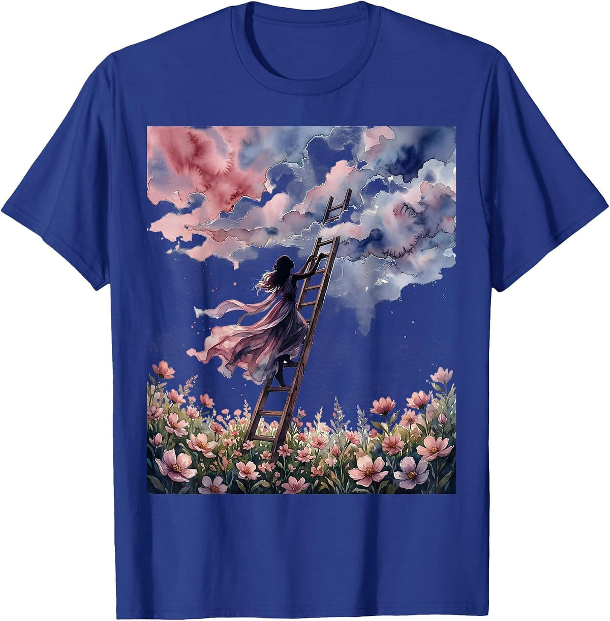 Woman Climbing Ladder Into Clouds College Art T-Shirt - Royal Blue