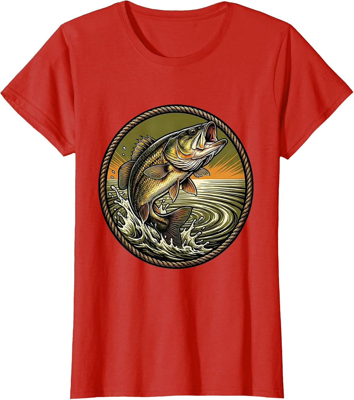 Largemouth Bass Leaping From Water Fishing Design T-Shirt - Red
