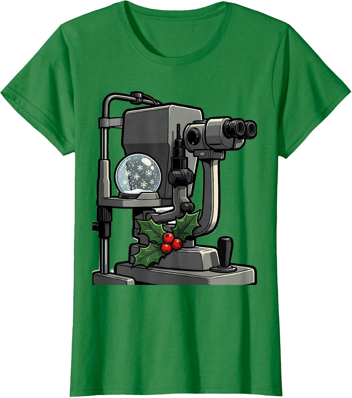 Women's Slit Lamp Snow Globe Cartoon Optometrist Christmas T-Shirt - Kelly Green
