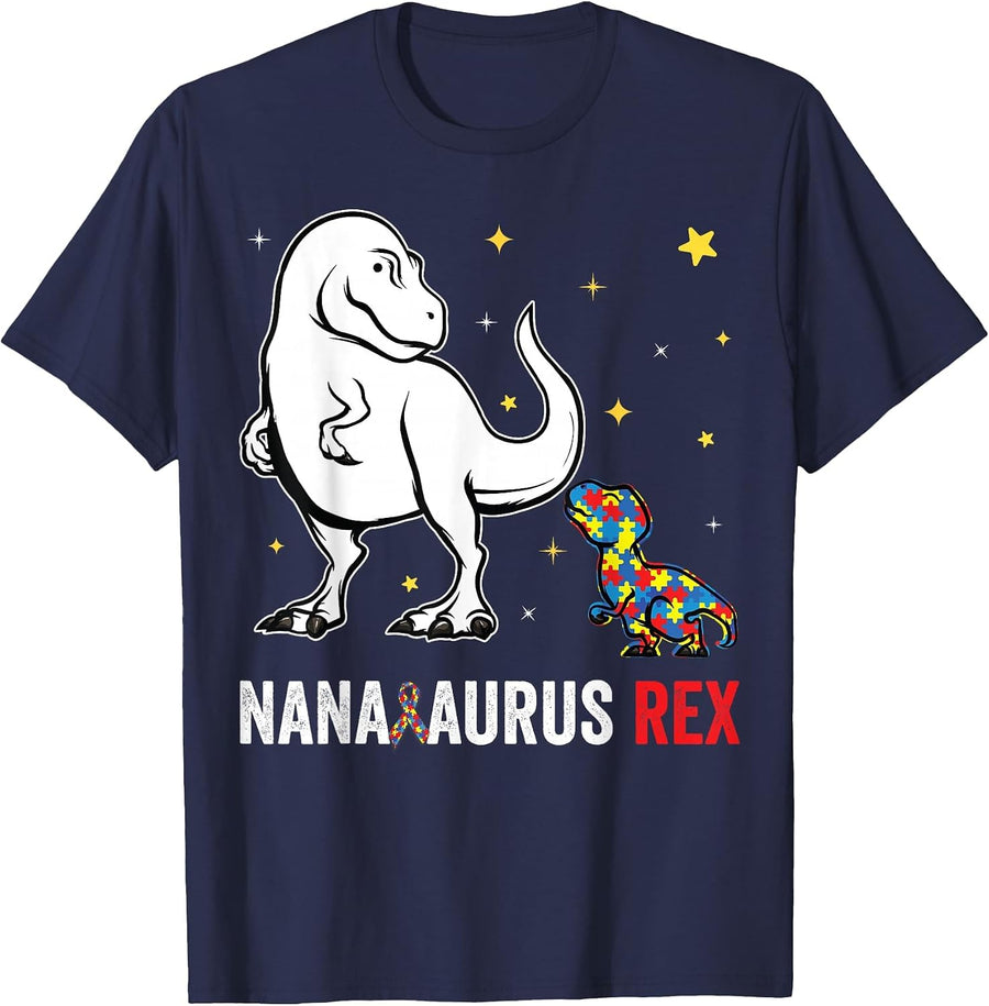 Nanasaurus Rex Nana and Kids Funny Autism Awareness Puzzle T-Shirt - Navy Blue