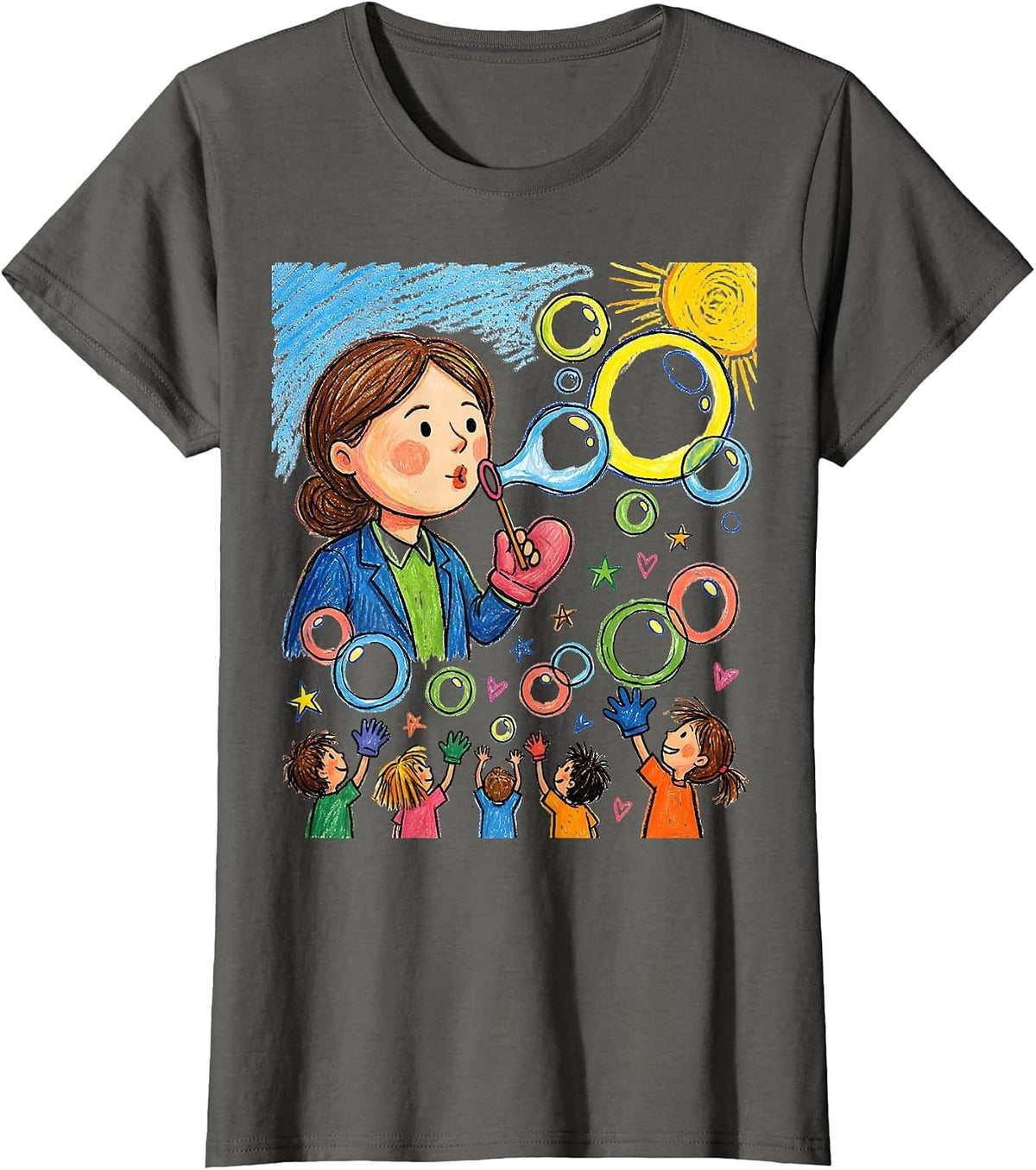 Women's Preschool Teacher Bubble Blowing Graphic T-Shirt - Asphalt Grey