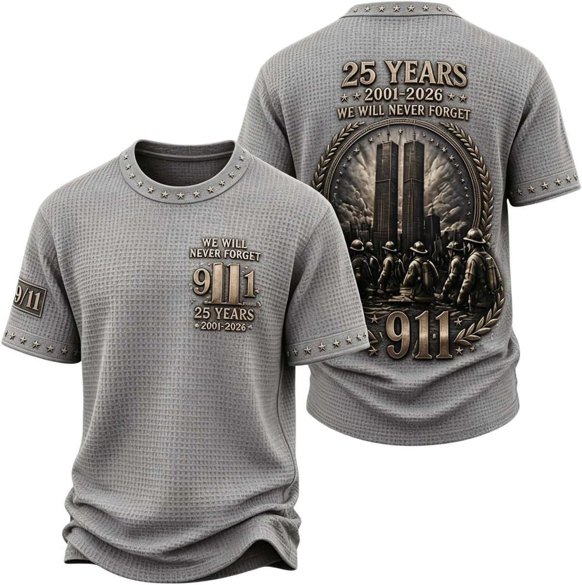 Mens 9/11 Memorial Waffle Tee Never Forget 25th Anniversary Shirt - 01-light Gray
