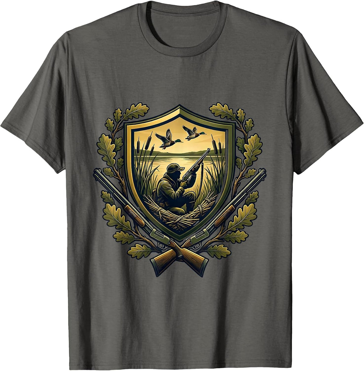 Camo Duck Blind Hunter Silhouette at Dawn T-Shirt - Asphalt Grey