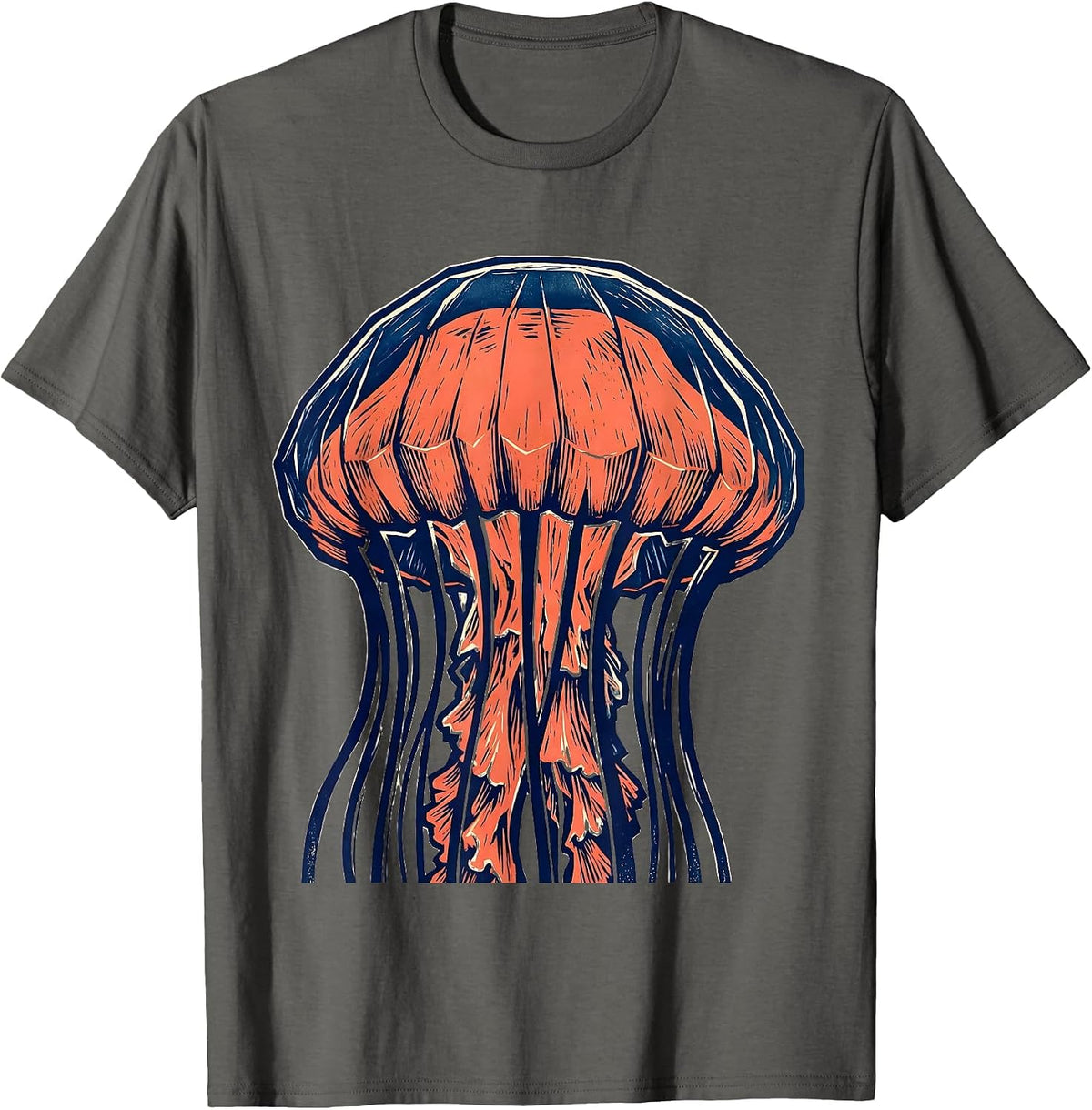 Men's Angular Jellyfish Linocut Ocean Animal Lover Art T-Shirt - Asphalt Grey