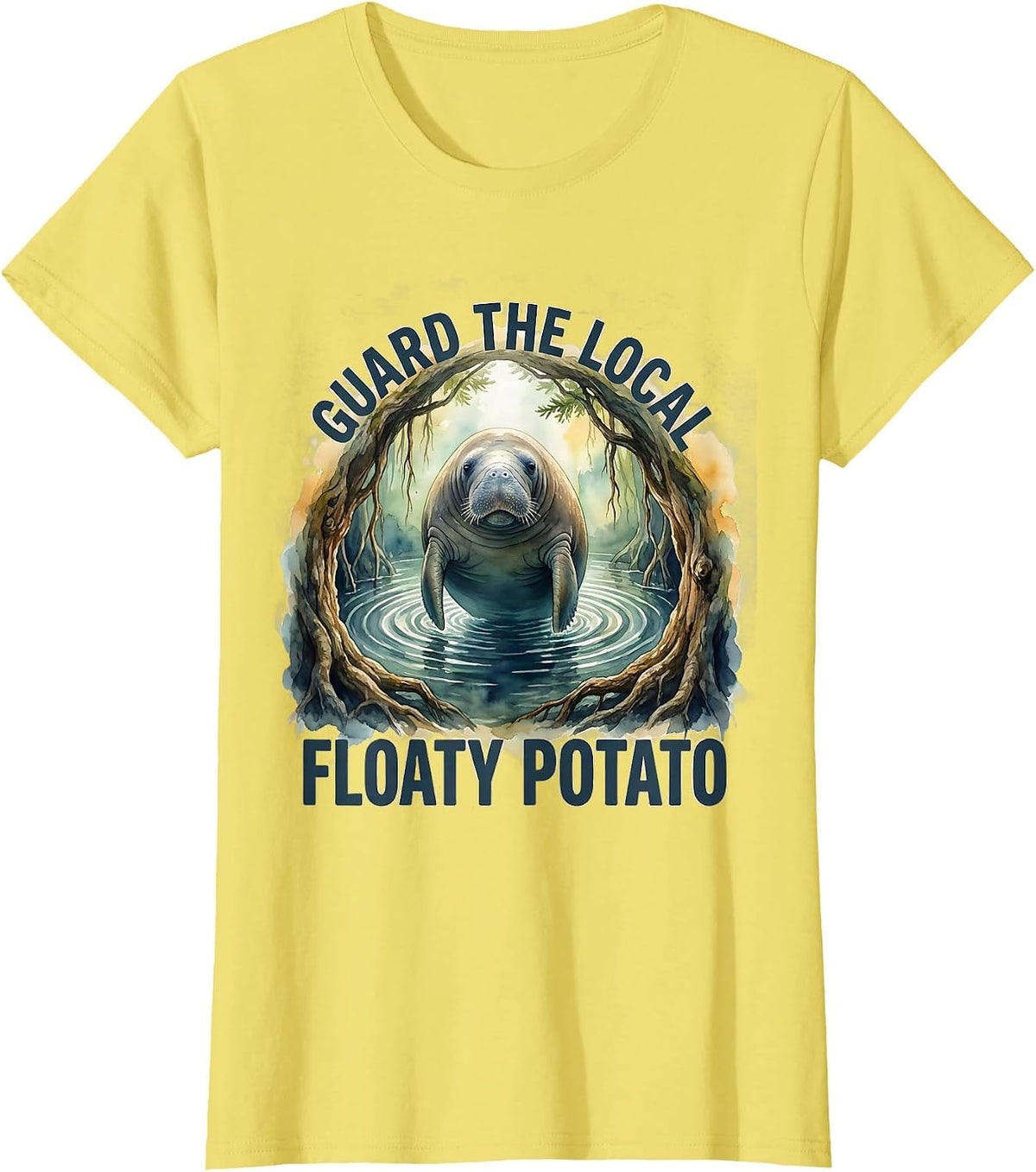 Guard The Local Floaty Potato Watercolor Manatee Wildlife T-Shirt - Lemon Yellow