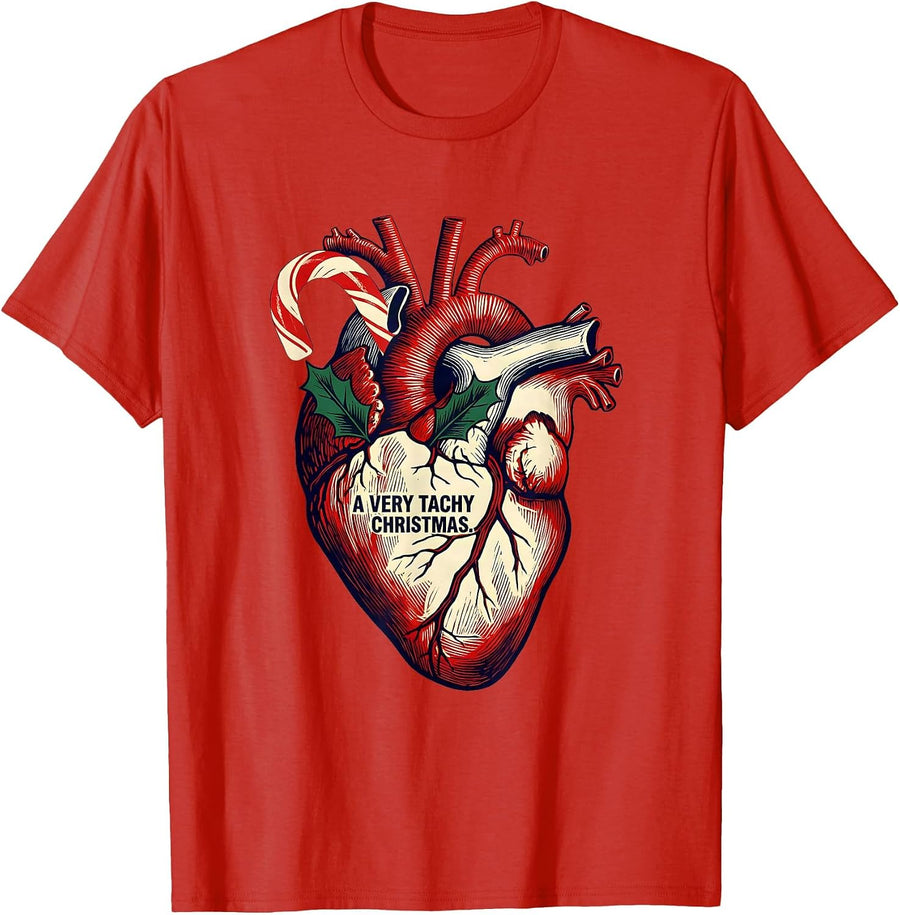 Men's A Very Tachy Christmas Funny Cardiac Nurse Heart Anatomy Pun T-Shirt - Red