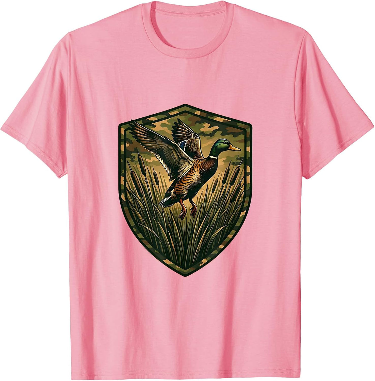 Men's Camo Duck Hunter Emerging From Reeds Illustration T-Shirt - Pink