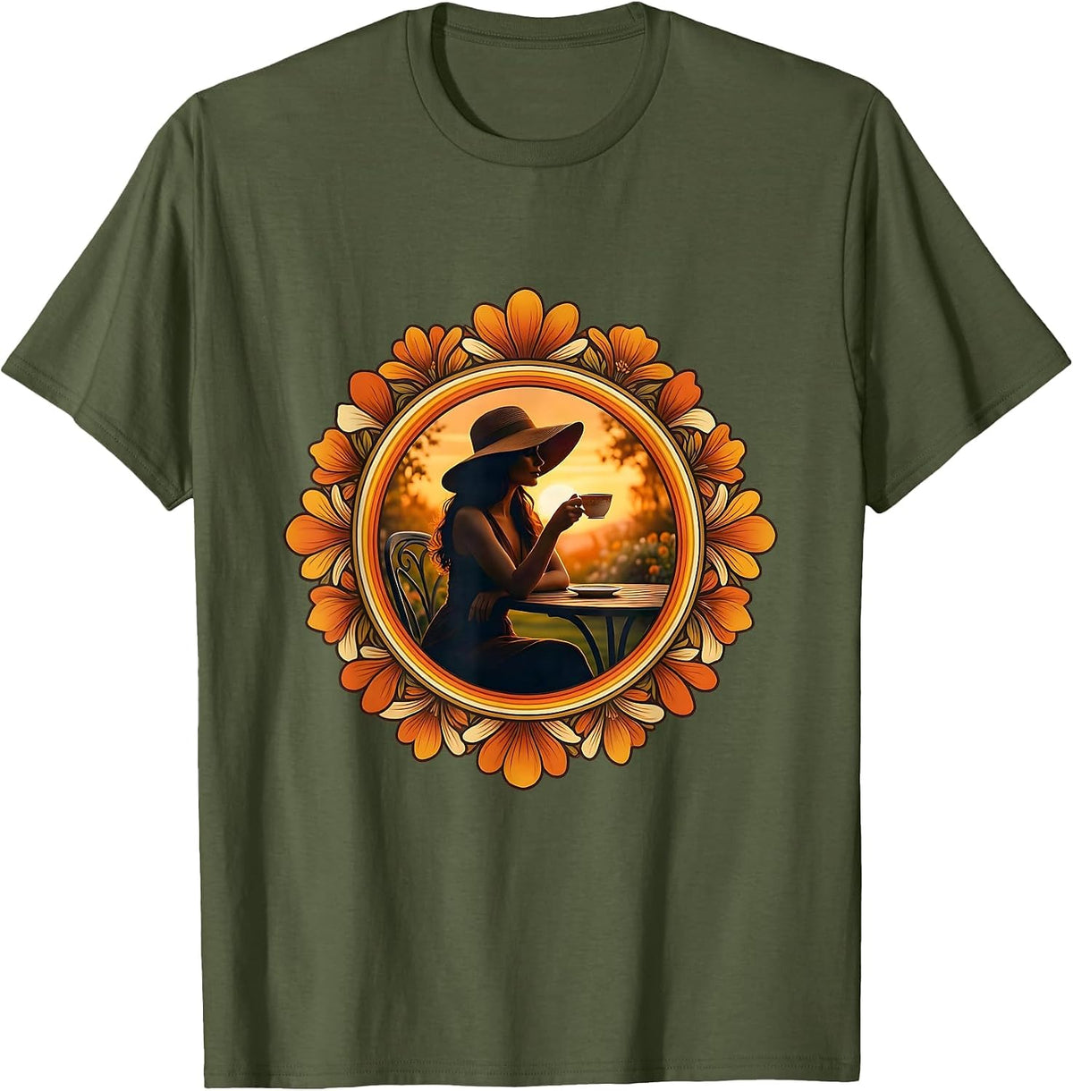 Elegant Tea Garden Illustration Gigi Design T-Shirt - Olive Green