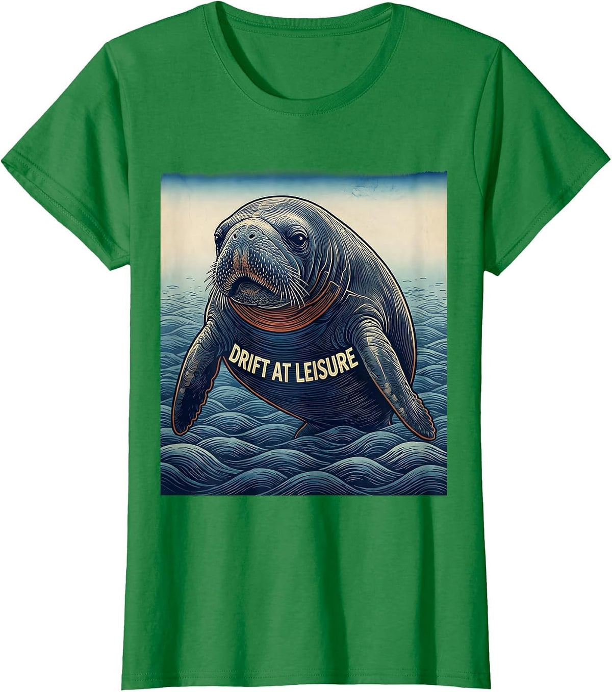 Women's Drift At Leisure Ukiyo-e Manatee Lover Animal Humor T-Shirt - Kelly Green