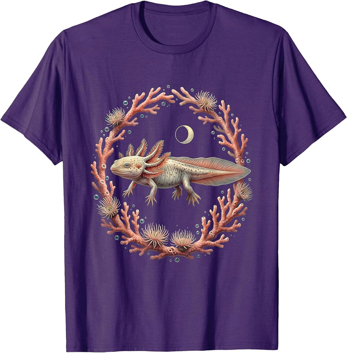Axolotl Swimming Through Colorful Coral Reef T-Shirt - Purple