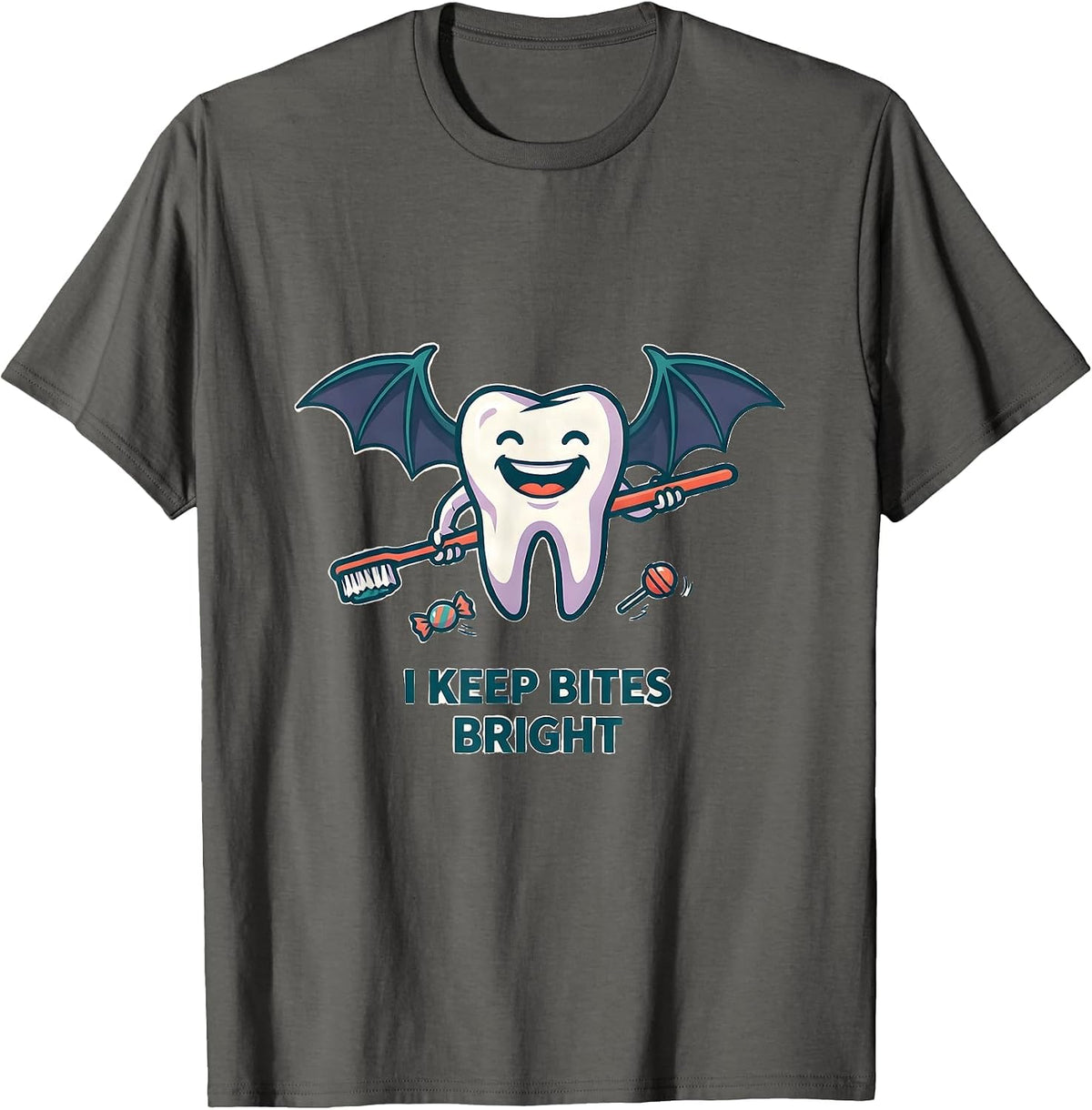 I Keep Bites Bright Funny Dentist Halloween Dental Pun T-Shirt - Asphalt Grey