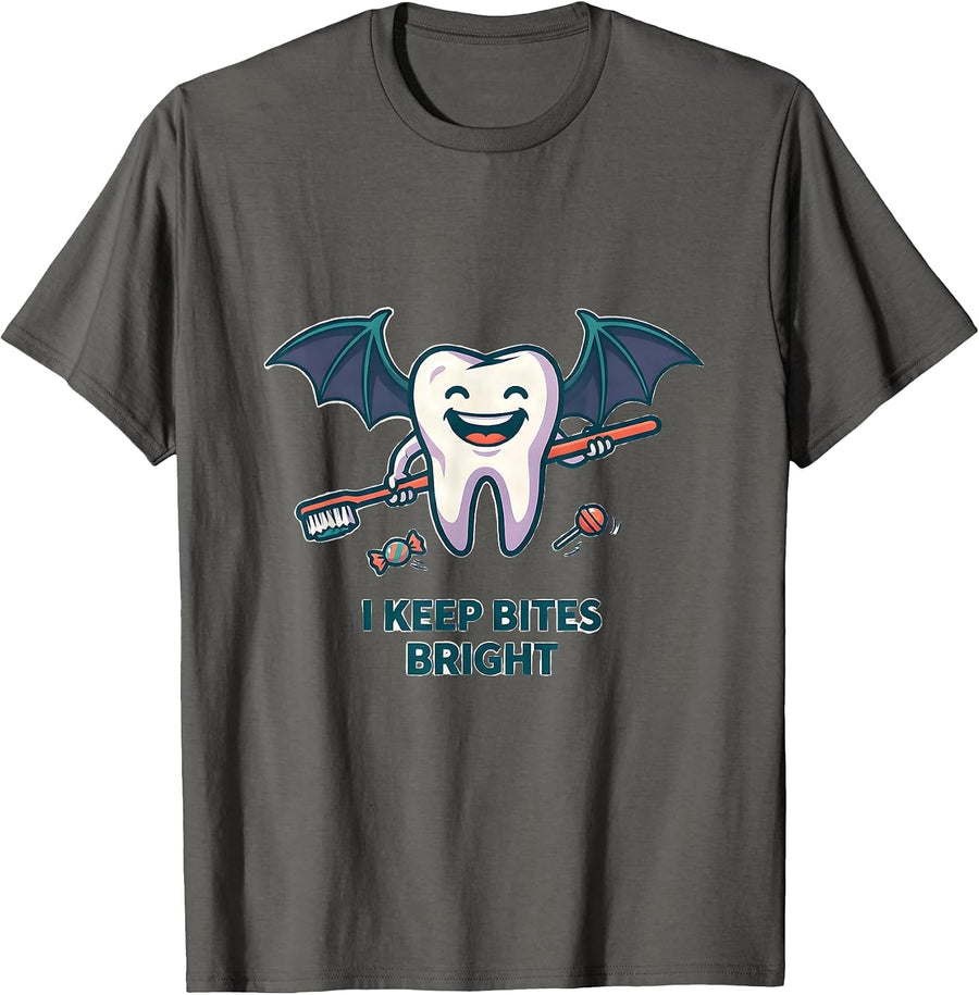 I Keep Bites Bright Funny Dentist Halloween Dental Pun T-Shirt - Asphalt Grey