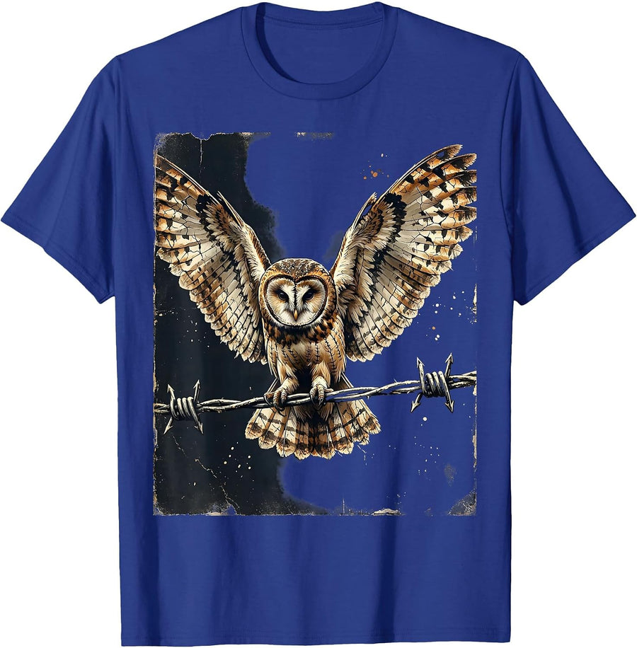 Barn Owl on Barbed Wire Fence Country Design T-Shirt - Royal Blue