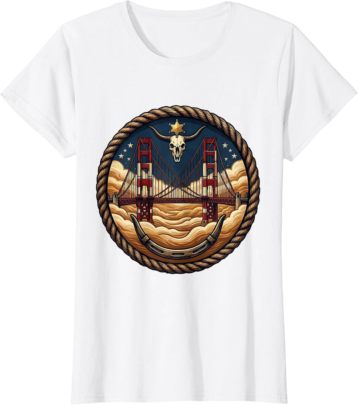 Golden Gate Bridge Morning Fog Illustration T-Shirt - White