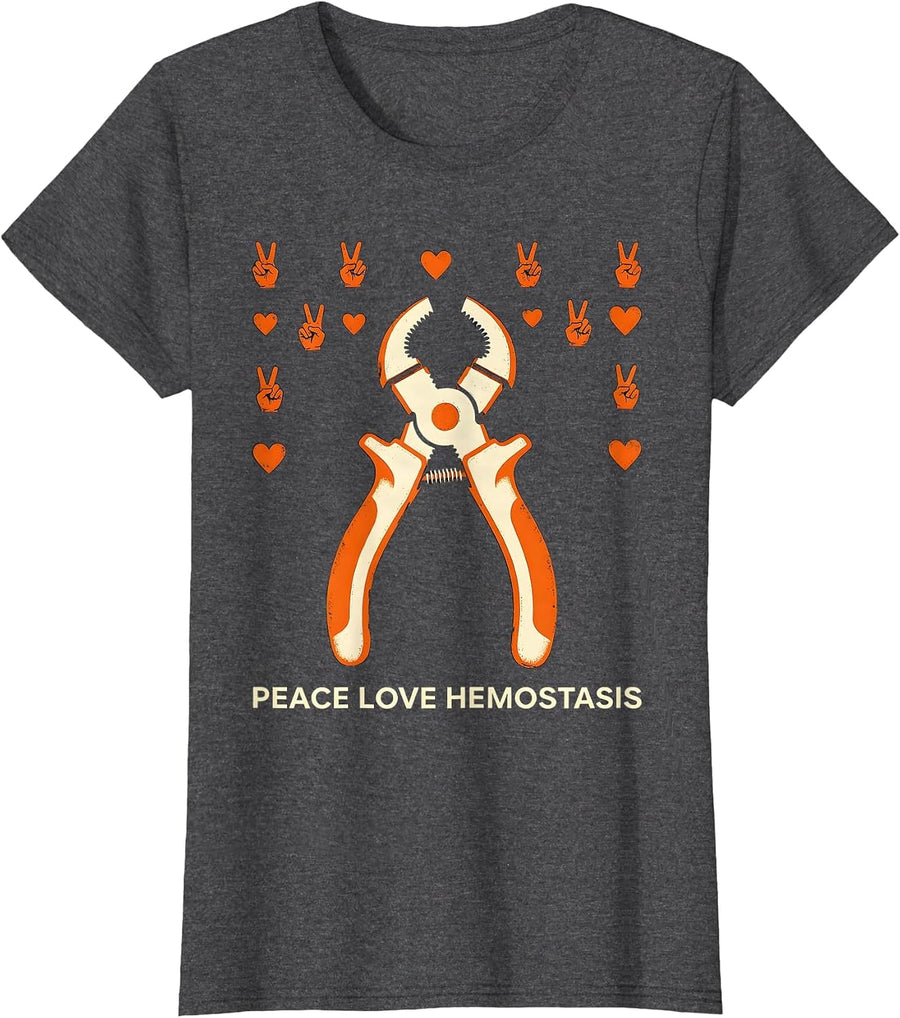 Women's Peace Love Hemostasis Stencil Graphic Surgical Tech Gift T-Shirt - Dark Heather Grey
