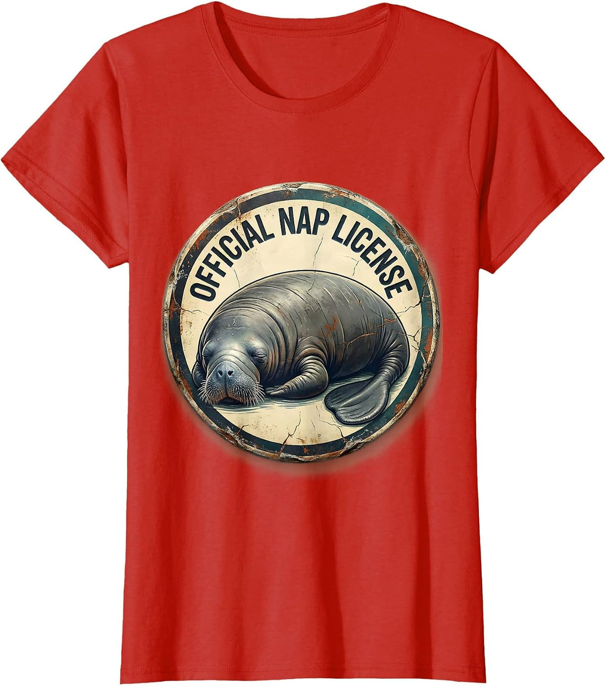 Official Nap License Distressed Manatee Wildlife Humor T-Shirt - Red