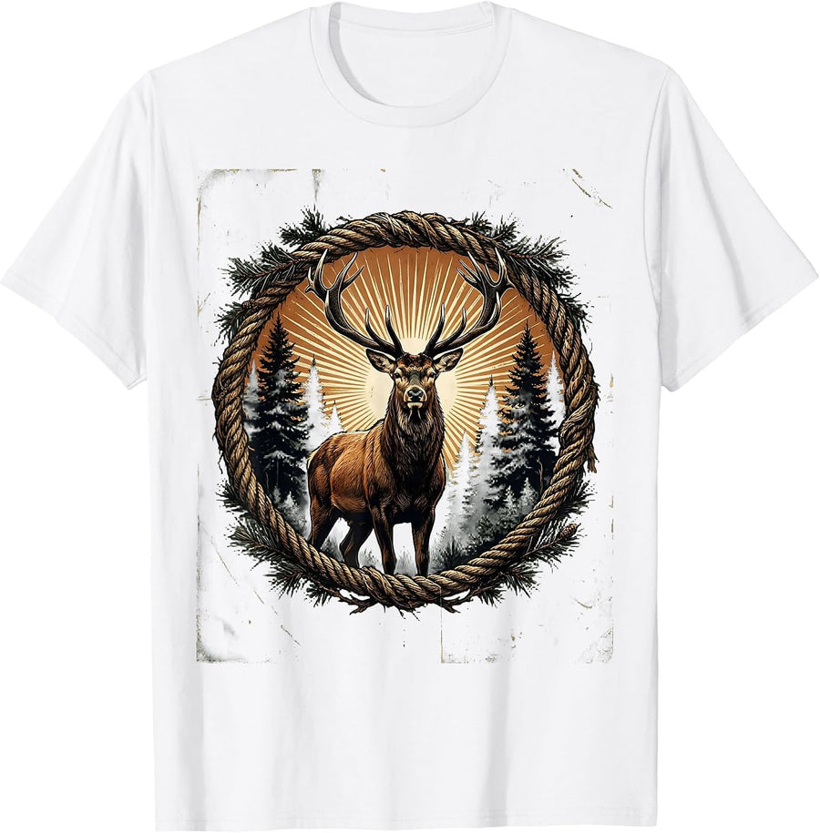 Men's Buck in Misty Forest Clearing Hunting Graphic T-Shirt - White