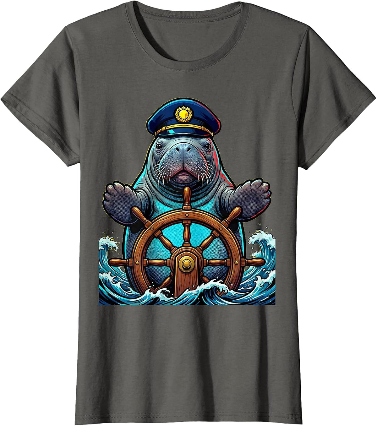 Women's Manatee Captain Steering Ship Nautical Design T-Shirt - Asphalt Grey
