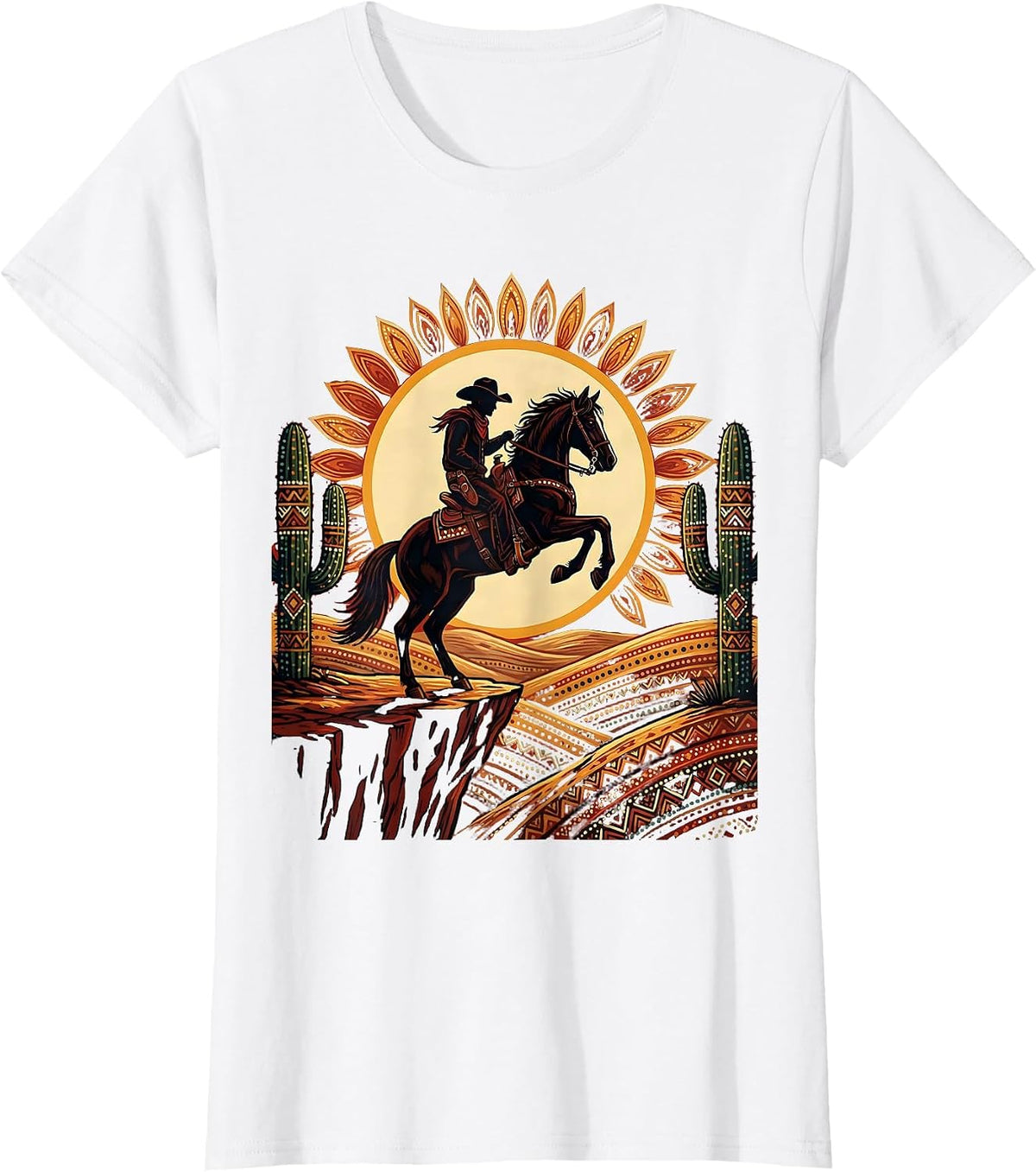 Cowboy Horse Rearing on Cliff Edge Graphic T-Shirt - White