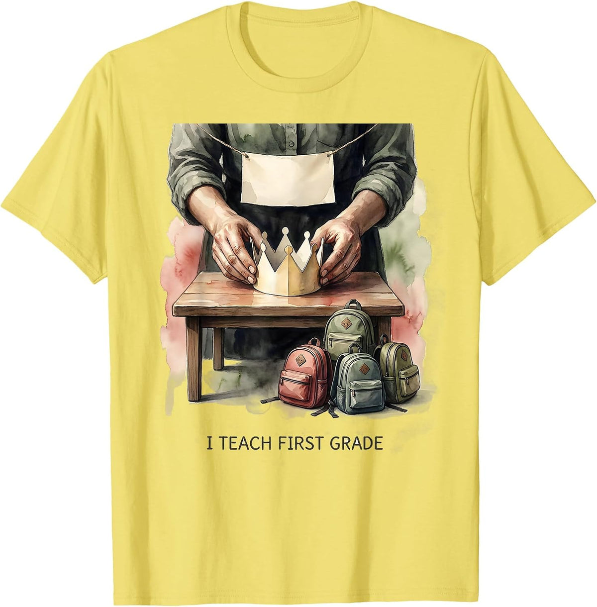 Men's I Teach First Grade Watercolor Teacher Appreciation Back T-Shirt - Lemon Yellow