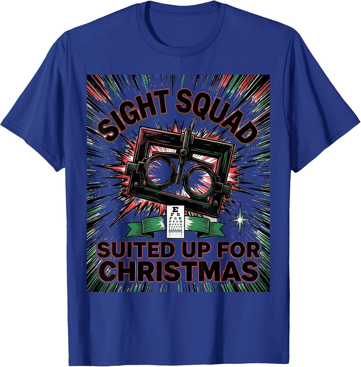 Men's Sight Squad, Suited Up For Christmas Comic Book Optometrist T-Shirt - Royal Blue