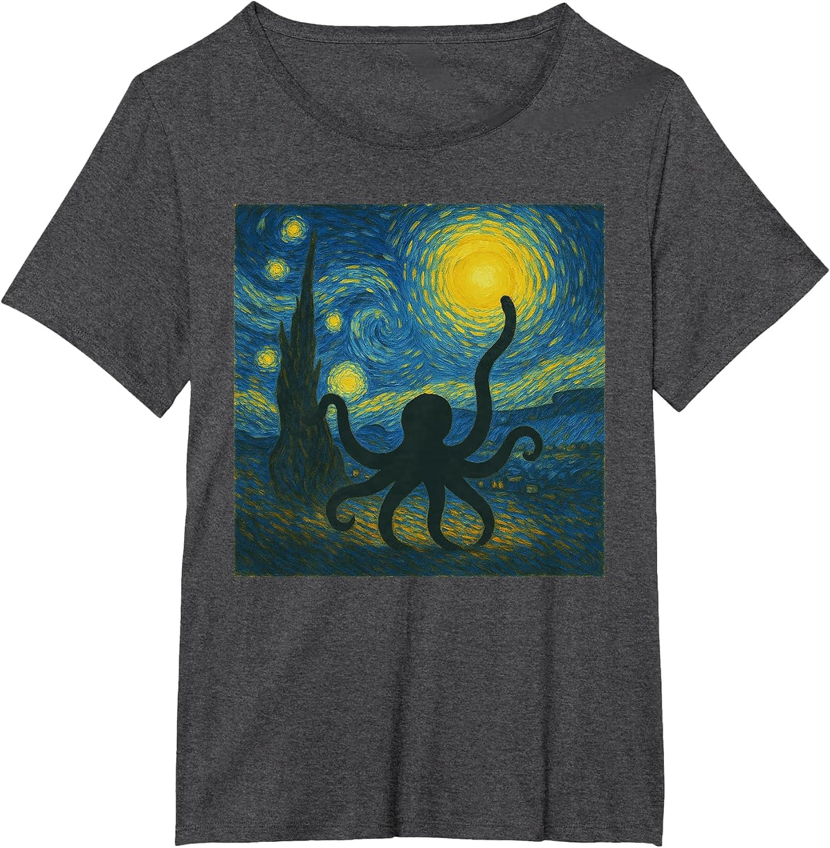 Starry Night Van Gogh Squid Vintage Octopus Funny Graphic T-Shirt - Dark Heather Grey