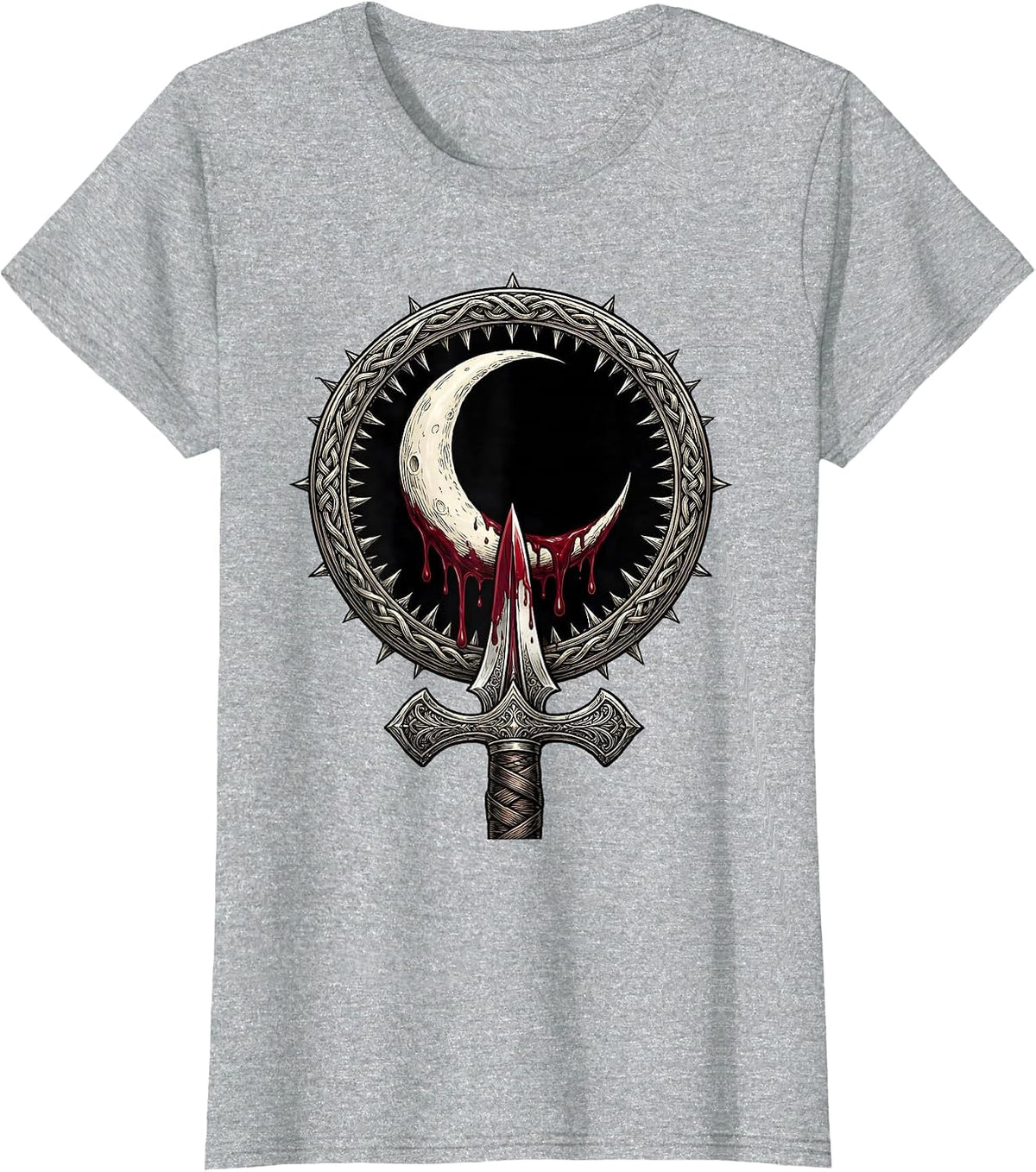 Women's Crescent Moon Blood Dagger Dark Heavy Metal Art T-Shirt - Heather Grey