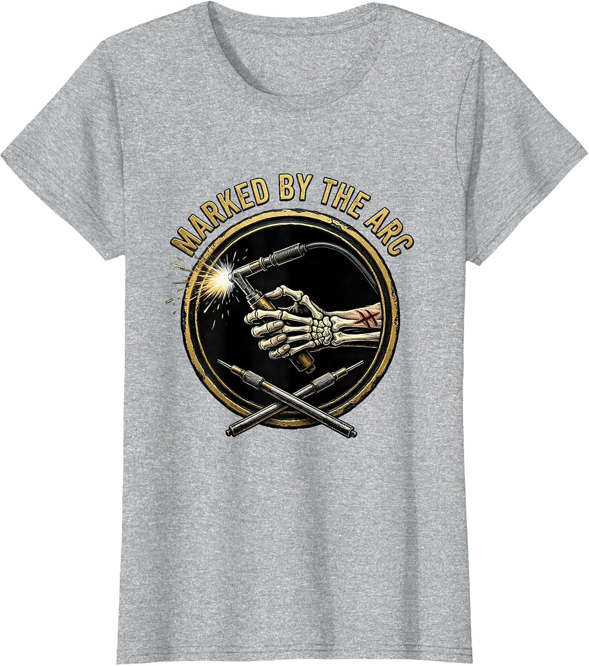 Women's Marked By The Arc Skeleton Welder Tradesman Humor T-Shirt - Heather Grey