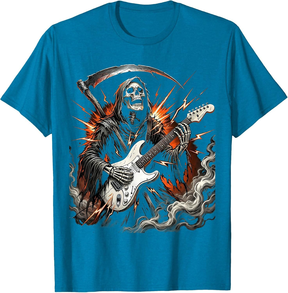 Grim Reaper Electric Guitar Halloween Graphic T-Shirt - Sapphire Blue