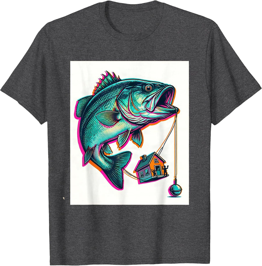 Men's Oversized Grinning Bass Towing Tiny House Fishing Humor T-Shirt - Dark Heather Grey