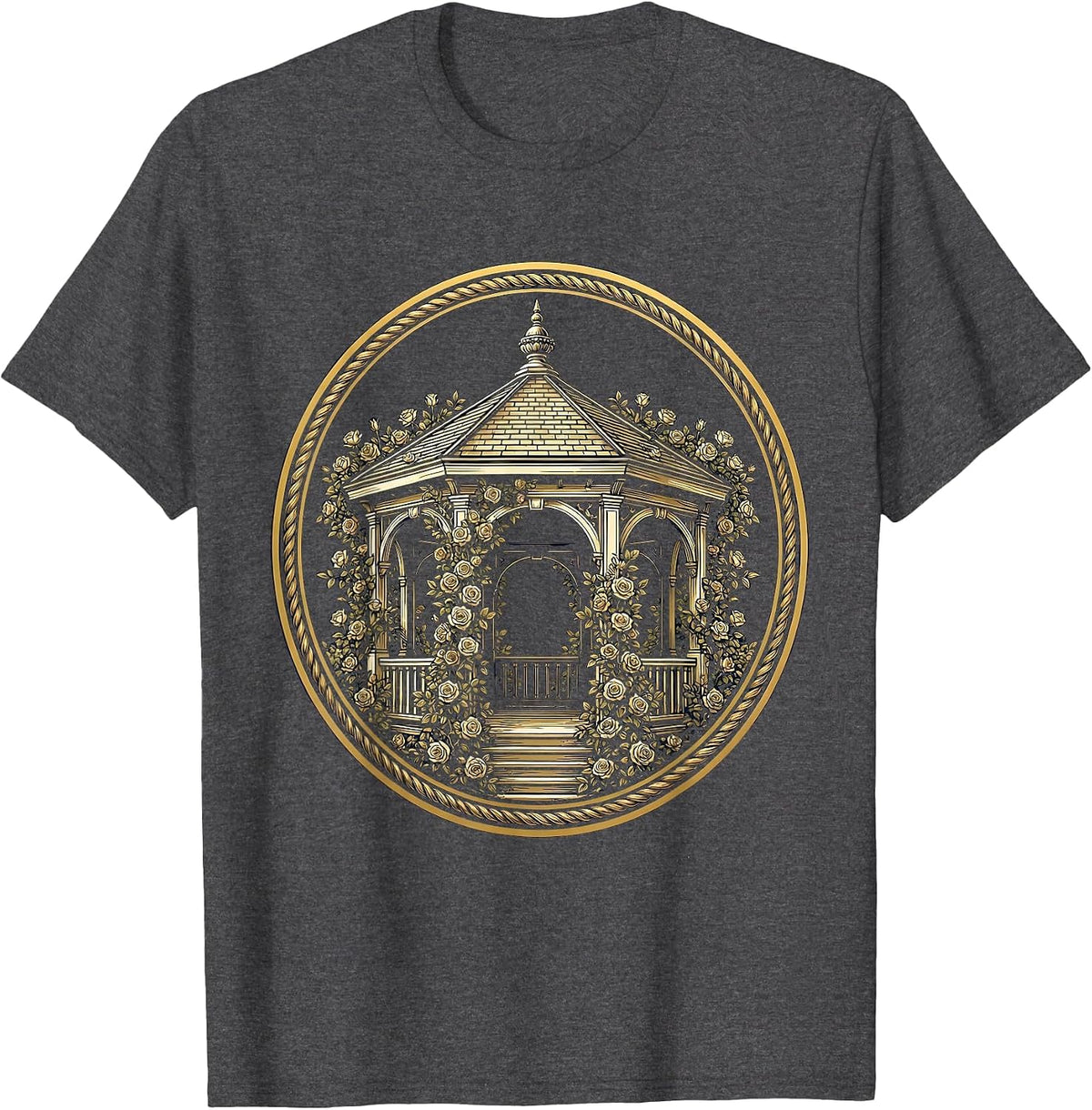 Park Gazebo Climbing Roses Floral Garden Illustration T-Shirt - Dark Heather Grey