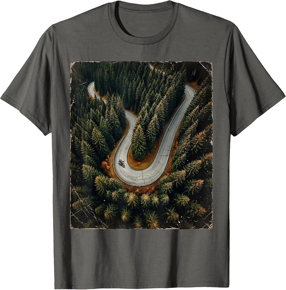 Mountain Road Pine Forest Aerial Motorcycle Tee T-Shirt - Asphalt Grey