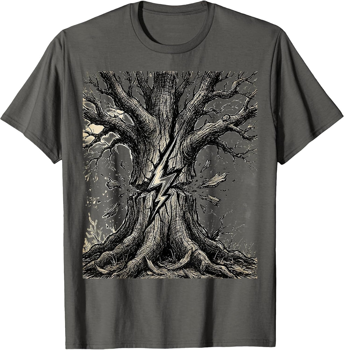 Grunge Lightning Bolt Splitting Dead Tree T-Shirt - Asphalt Grey