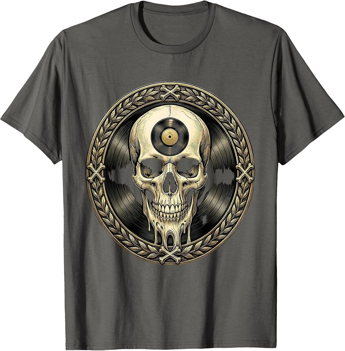 Skull Melting Into Vinyl Record Rock Art T-Shirt - Asphalt Grey