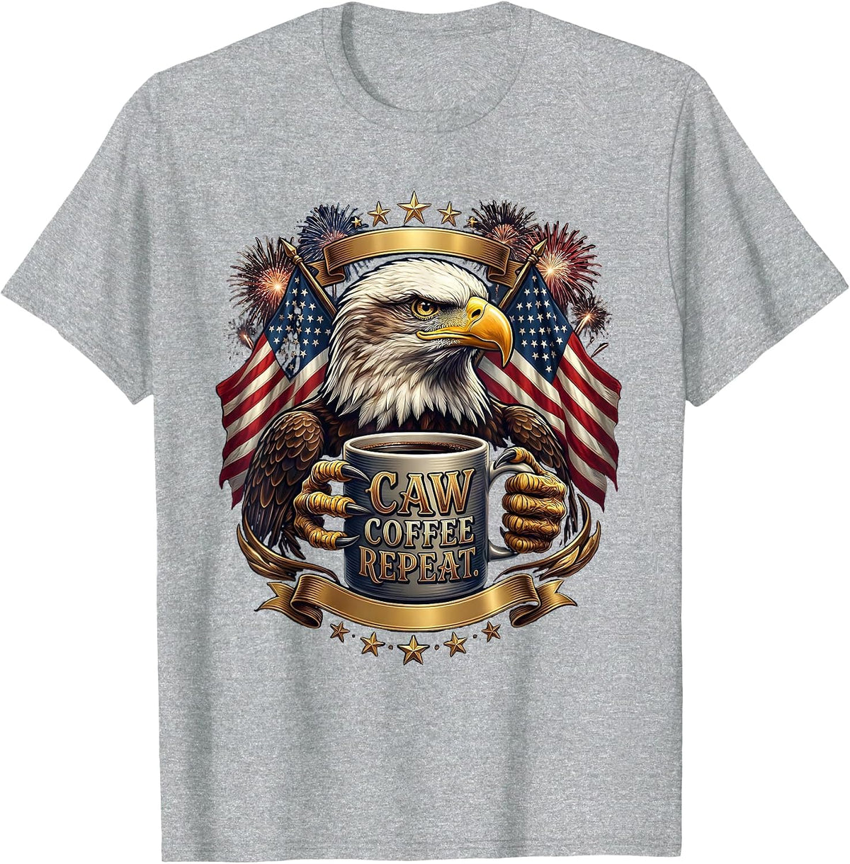 Men's Caw Coffee Repeat Funny Crow Bird Lover Design T-Shirt - Heather Grey