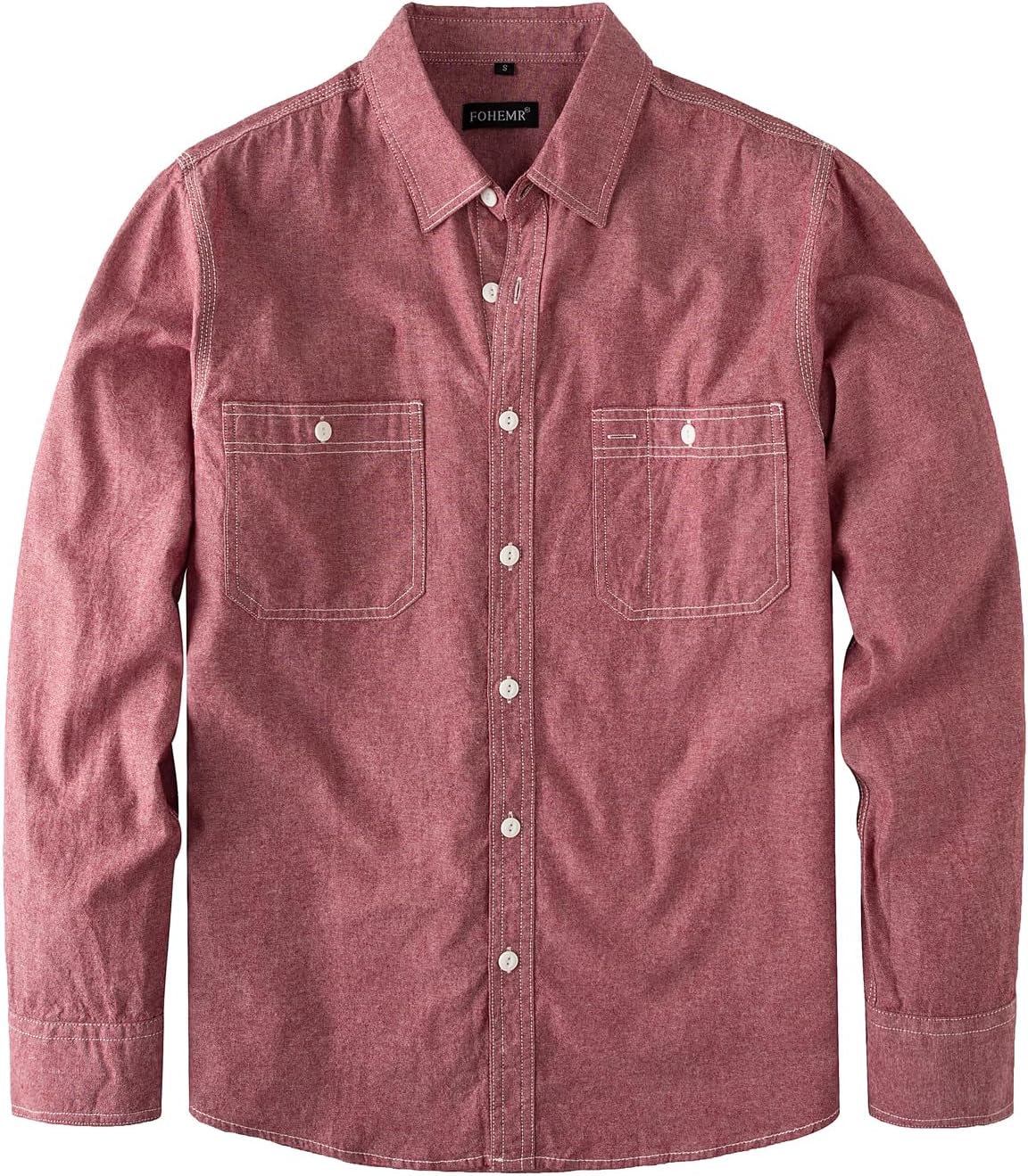fohemr Men's Chambray Shirt Work Button Down Long Sleeve with Two Pocket - Red05