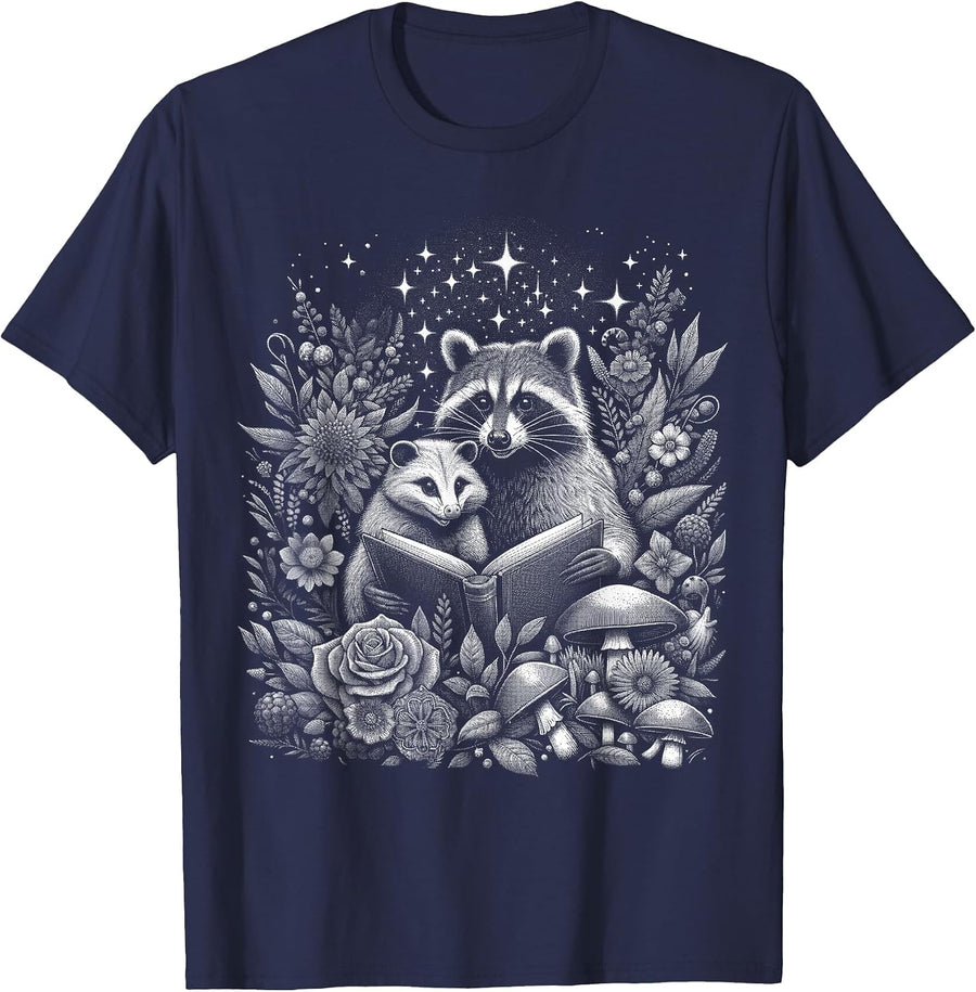 Opossum Racoon Floral Book Lover Cottagecore Fairycore T-Shirt - Navy Blue