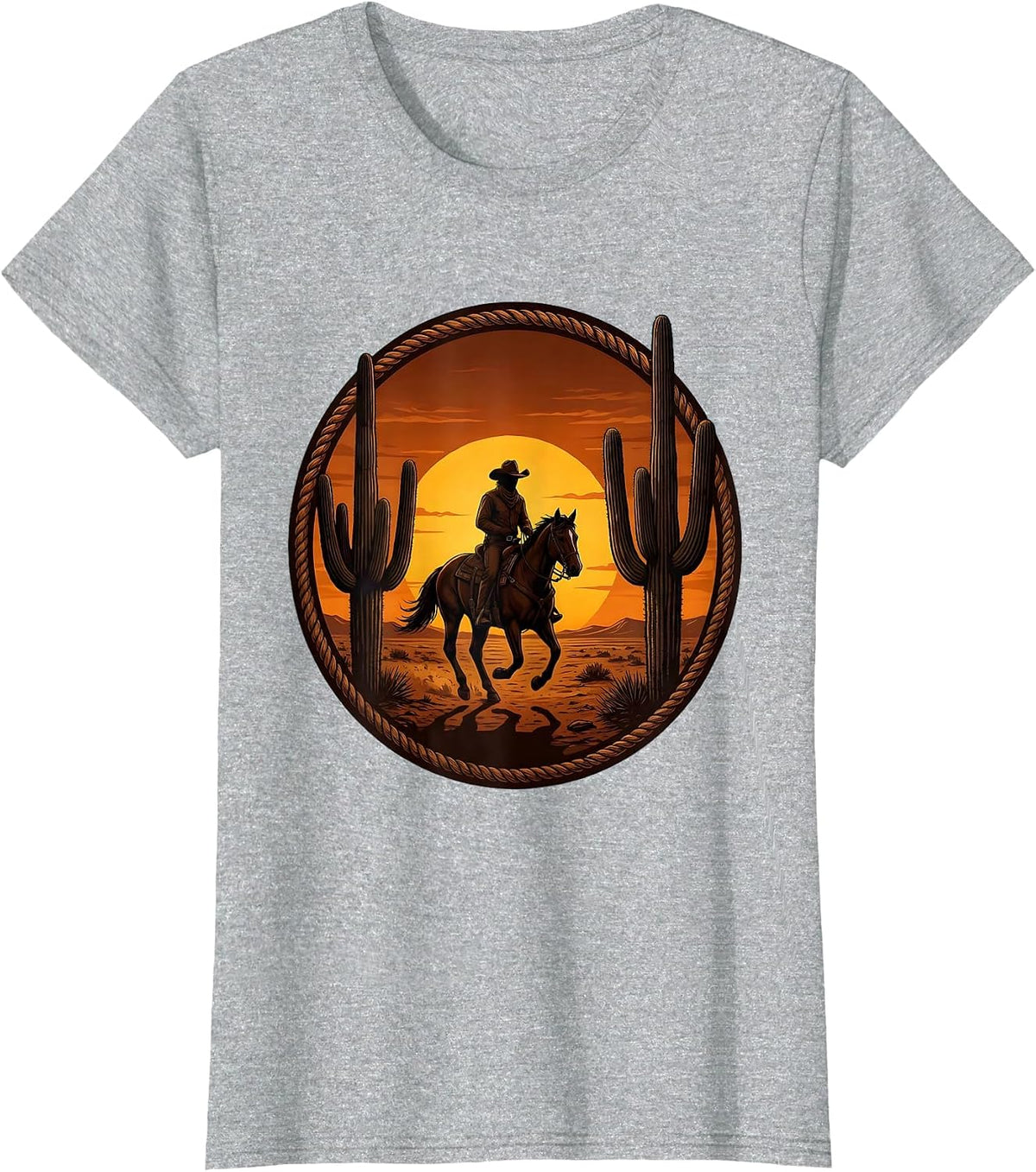 Cowboy Riding Horse Cactus Sunset Silhouette T-Shirt - Heather Grey