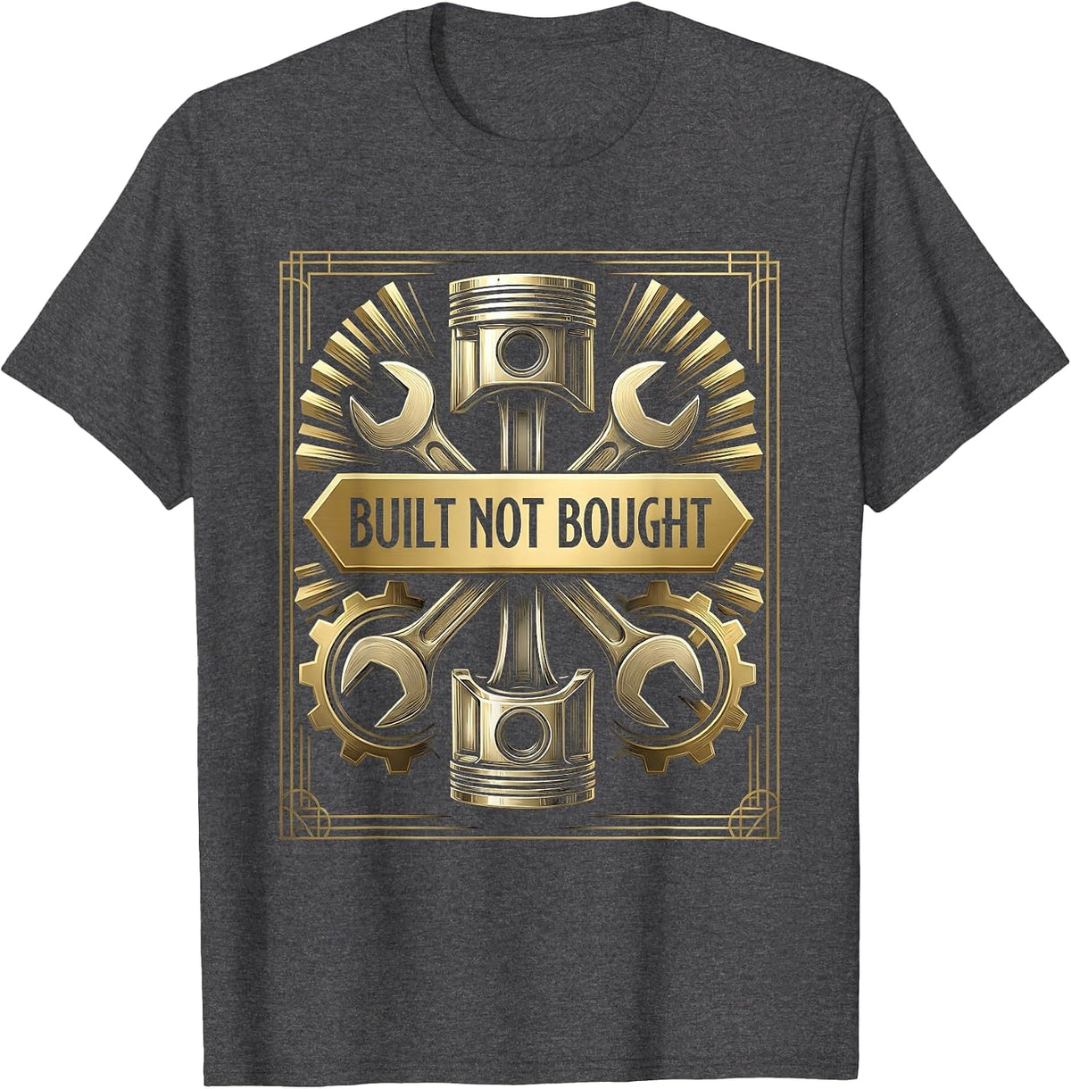 Built Not Bought Mechanic Gear Head Design T-Shirt - Dark Heather Grey