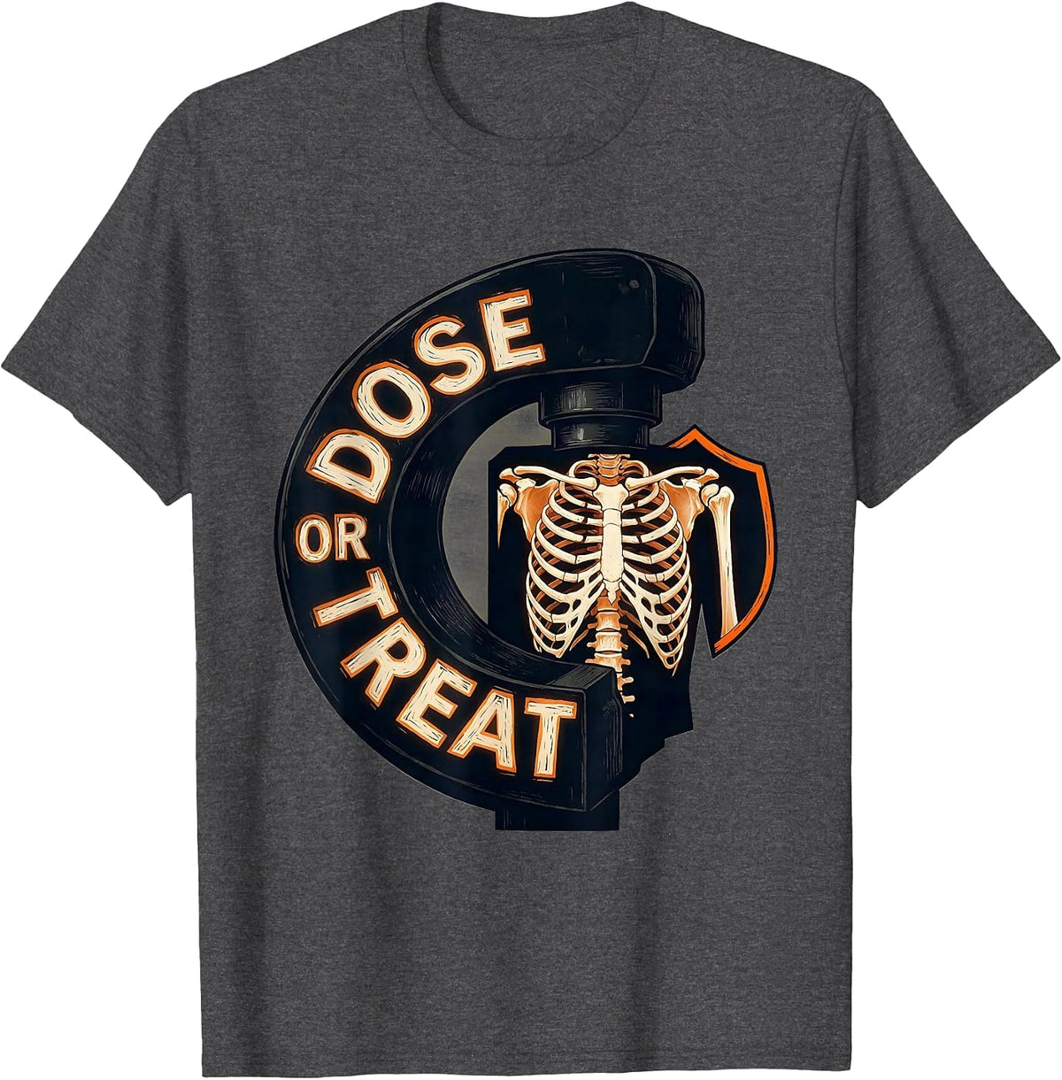Dose Or Treat Linocut Radiology Tech Halloween Workplace T-Shirt - Dark Heather Grey