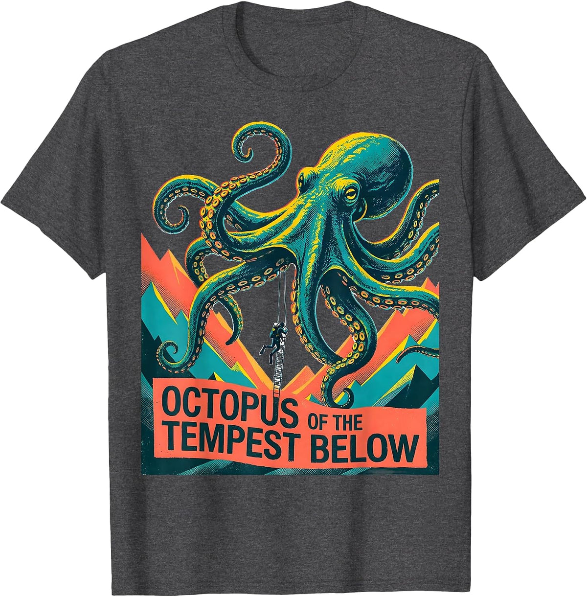 Men's Octopus of the Tempest Below Risograph Octopus Lover Ocean T-Shirt - Dark Heather Grey