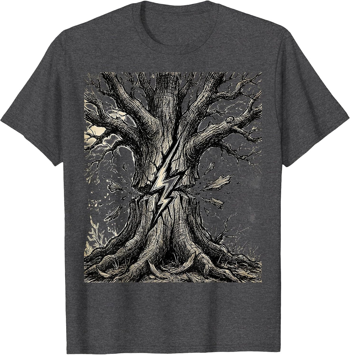 Grunge Lightning Bolt Splitting Dead Tree T-Shirt - Dark Heather Grey