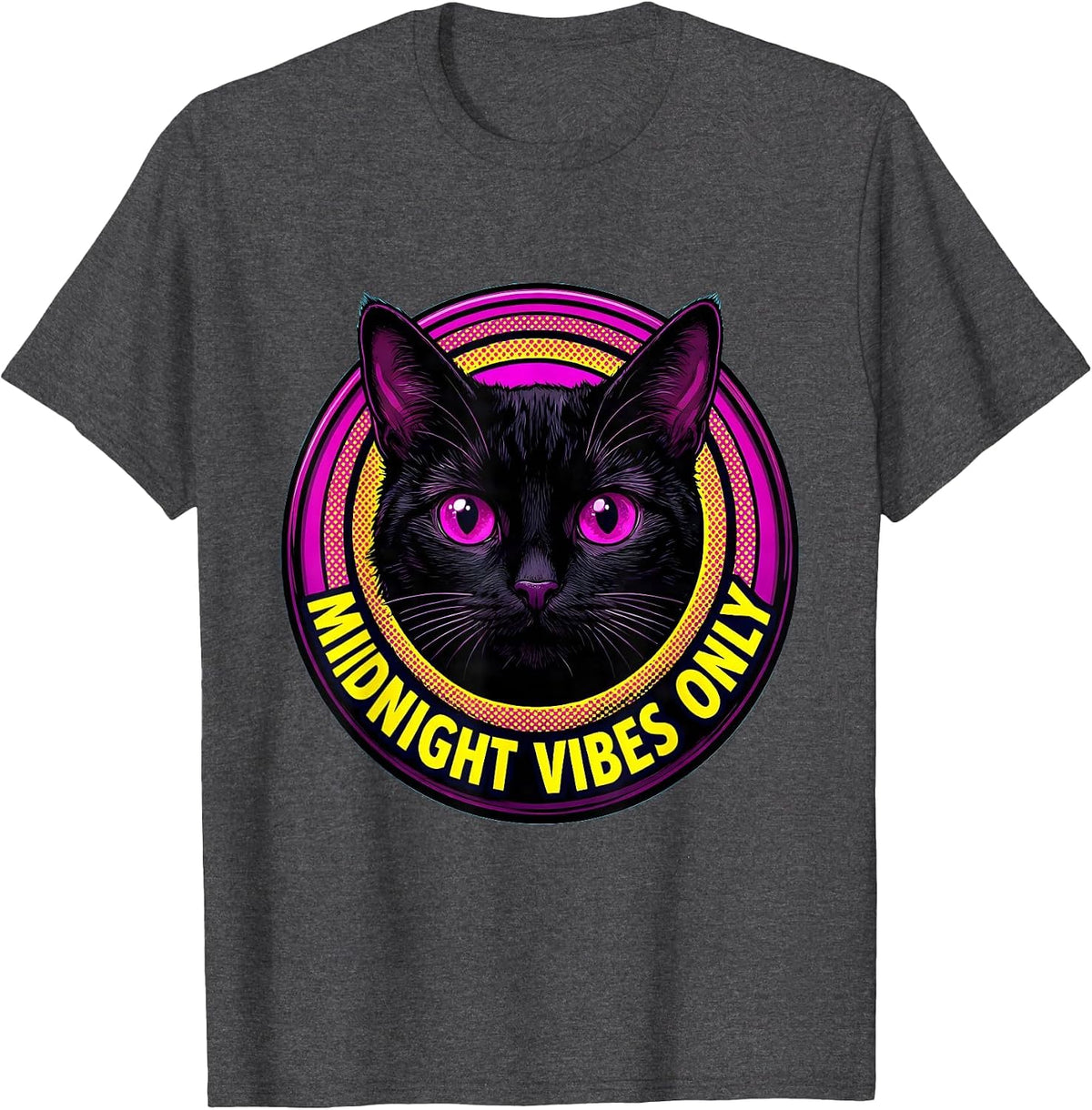 Black Cat Midnight Vibes Only Graphic Design T-Shirt - Dark Heather Grey