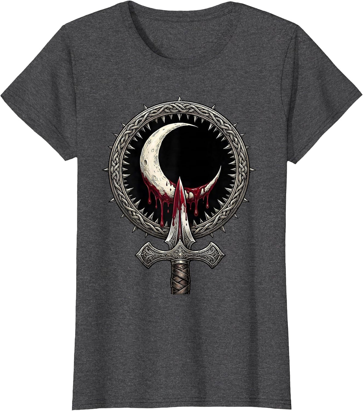 Women's Crescent Moon Blood Dagger Dark Heavy Metal Art T-Shirt - Dark Heather Grey