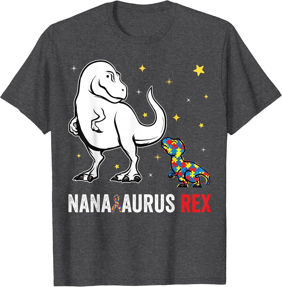 Nanasaurus Rex Nana and Kids Funny Autism Awareness Puzzle T-Shirt - Dark Heather Grey