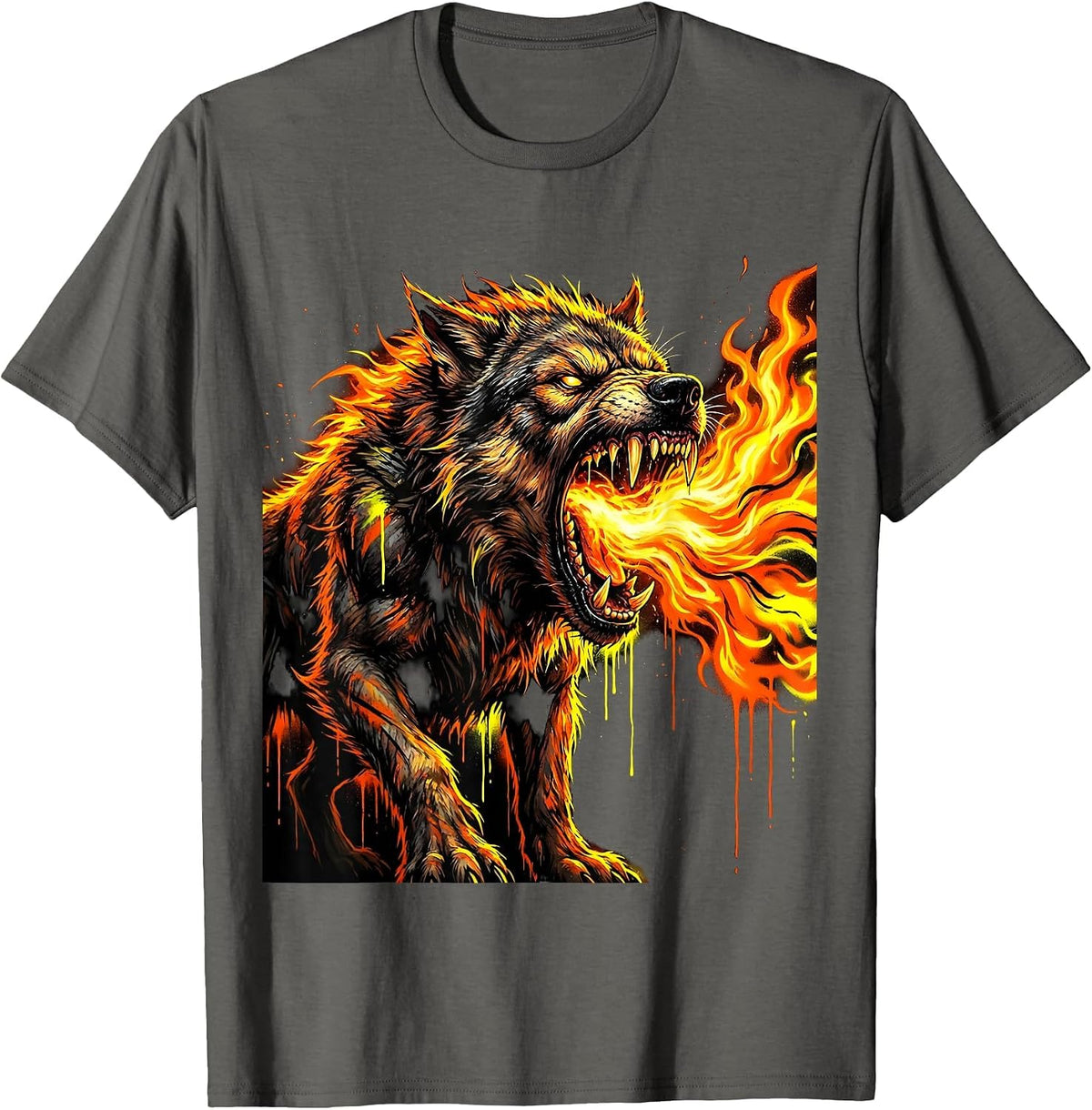 Hellhound Flames Horror Graphic Design T-Shirt - Asphalt Grey
