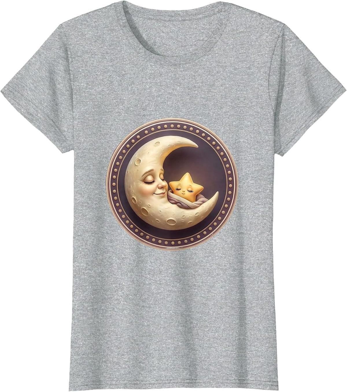 Crescent Moon Tucking In Sleepy Star Cute Design T-Shirt - Heather Grey