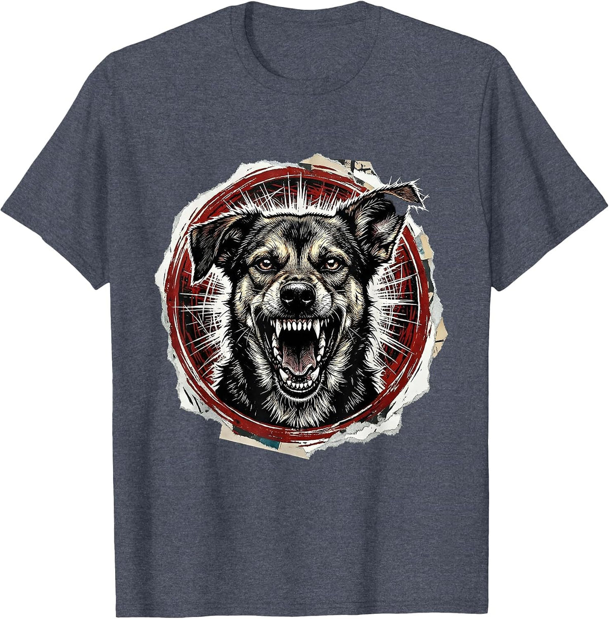 Feral Stray Dog Snarling Torn Ear Wild Art T-Shirt - Heather Blue